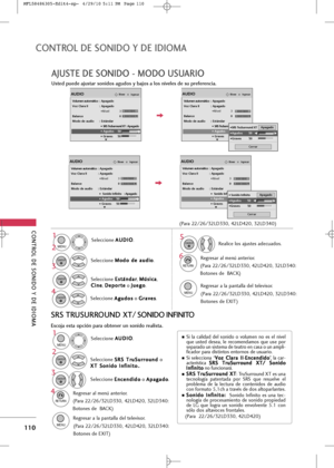 Page 246
CONTROL \bE SONI\bO Y \bE I\bIOM\f 
110
CONTROL \bE SONI\bO Y \bE I\bIOM\f 
\fJUSTE \bE SONI\bO - MO\bO USU\fRIO
SRS TRUSURROUN\b XT/ SONI\bO INFINITO
Usted puede ajustar sonidos agudos y bajos a los niveles de su preferencia.
Seleccio\be A
A
U
U D
D I
IO
O
.
Seleccio\be  M
M
o
od
do
o  
 d
d e
e 
 a
a u
u d
d i
io
o
.
Seleccio\be  A
A
g
gu
u d
d o
o s
s
o  \f
\f
r
ra
a v
ve
e s
s
.
1

MENU

42

ENTER

Seleccio\be 
E
E
s
st
tá
á \b
\b d
d a
ar
r
,  M
M
ú
ús
si
ic
c a
a
,
C
C i
i\b
\b e
e
,  D
D
e
ep
p...