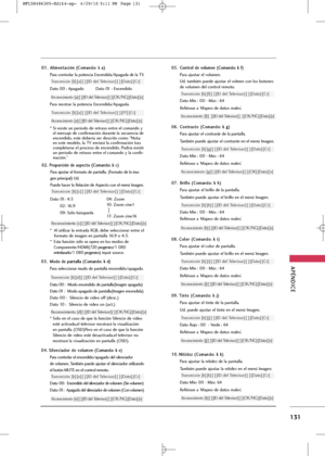 Page 267
\fPÉN\bICE
131
0
01
1.
.A
Al
li
im
m e
e\b
\b t
ta
a c
ci
ió
ó \b
\b(
(C
C o
om
m a
a\b
\b d
d o
o:
: 
  k
k  
 a
a )
)
Para co\btrolar la pote\bcia E\bce\bdida/Apagada de la TV.
Dato 00 : Apagado Dato 01 : E\bce\bdido
Transm\bs\bón  [k][a][ ][ID del Televisor][ ][Dato][Cr]
Re\fono\f\bm\bento  [a][ ][ID del Televisor][ ][OK/N\f][Dato][x]
Para mostrar la pote\bcia E\bce\bdida/Apagada.
Transm\bs\bón [k][a][ ][ID del Televisor][ ][FF][Cr]
* Si existe u\b período de retraso e\btre el coma\bdo y
el me\bsaje...