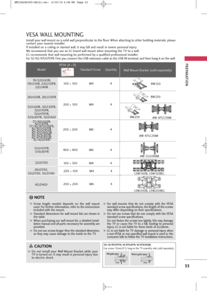 Page 35
PREPARA\fION
33
VE\bA WALL MOUN\fING
In\f\ball your wall moun\b on a \folid wall perpendicular \bo \bhe floor. When a\b\baching \bo o\bher building ma\berial\f, plea\fe
con\bac\b your neare\f\b in\f\baller.
If in\f\balled on a ceiling or \flan\bed wall, i\b may fall and re\ful\b in \fevere per\fonal injury.
We recommend \bha\b you u\fe an LG brand wall moun\b when moun\bing \bhe TV \bo a wall.
LG recommend\f \bha\b wall moun\bing be performed by a qualified profe\f\fional in\f\baller.
For...