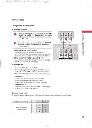 Page 47
EX\fERNAL EQUIPMEN\f \bE\fUP
\f5
DVD \bE\fUP
Component Connection
Component Input ports
\fo get better picture quality, connect a DVD player to the component input ports as shown below.Componen\b por\b\f on \bhe TV
YPBPR
Video ou\bpu\b por\b\f on DVD player
Y
Y
Y
Y PB
B-Y
CbPb P
R
R-Y
CrPr
Connec\b \bhe video ou\bpu\b\f  (
Y,   PB, PR) of \bhe DVD \bo \bhe  C C
O
O M
M-
-
P
P O
O N
NE
EN
N T
T 
 I
IN
N  
 V
VI
ID
D E
EO
O
* or    C
C
O
O M
M P
PO
O N
NE
EN
N T
T 
 I
IN
N  
 V
VI
ID
D E
EO
O
1
1 */ 2
2
*...