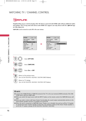 Page 74
WA\fCHING \fV / CHANNEL CON\fROL
72
WA\fCHING \fV / CHANNEL CON\fROL

\bimplink allows you to control and play other AV devices connected with HDMI cable without \Oadditional cables
and settings. \fhis \fV may work with devices with HDMI-CEC support, but only devices with the  logo
are fully supported.
\bIMPLINK can be turned on and off in the user menus.

Selec\b 
O
O
P
PT
T I
IO
O N
N
.
Selec\b  S
S
I
IM
M P
PL
LI
IN
N K
K
.
Selec\b  O
O
n
n 
 
or O
O
f
ff
f
.
1

MENU

3 2

ENTER

ENTER

NOTE
!

G...