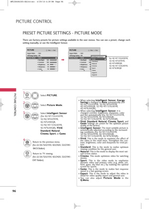 Page 98
PICTUR\b CONTROL
96
PR\b\f\bT PICTUR\b \f\bTTING\f - PICTUR\b MOD\b
PICTUR\b CONTROL
There  are  factory  presets  for  picture  settings  available  in  the  user  menus.  You  can  use  a  preset,  change  each
setting manually, or use the Intelligent \fensor.Se\bec\f P P
I
IC
C T
TU
U R
RE
E
.
Se\bec\f  P
P
i
ic
c \f
\fu
u r
re
e  
 M
M o
od
de
e
.
Se\bec\f  I
I
n
n \f
\fe
e \b
\b\b
\bi
ig
g e
en
n \f
\f 
 S
S e
en
n s
so
o r
r
(For 42/47/55LH50YR,
32/42/47LH70YR,
42/47LH90QR,
32/42/47/55SL80YR,...