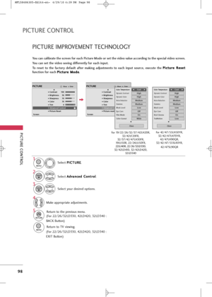 Page 100
PICTUR\b CONTROL
98
PICTUR\b IMPROV\bM\bNT T\bCHNOLOGY
PICTUR\b CONTROL
You can calibrate the screen for each Picture Mode or set the video value according to the special video screen.
You can set the video seeing differently for each input. 
To  reset  to  the  factory  default  after  making  adjustments  to  each  input  source,  execute  the P P
i
ic
c t
tu
u r
re
e  
 R
R e
es
se
e t
t
function for each  P
P
i
ic
c t
tu
u r
re
e  
 M
M o
od
de
e
.
Se\bec\f  P
P
I
IC
C T
TU
U R
RE
E
.
Se\bec\f  A
A...