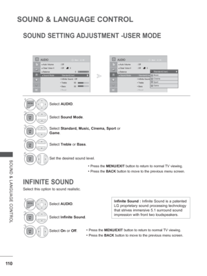 Page 158
11 0
SOUND & LANGUAGE CONTROL
SOUND & LANGUAGE CONTROL
SOUND SETTING ADJUSTMENT -USER MODE
INFINITE SOUND
Select this option to sound realistic.• 
Press the 
MENU/EXIT  button to return to normal TV viewing.
• Press the BACK button to move to the previous menu screen.
Infinite Sound :  Infinite Sound is a patented 
LG proprietary sound processing technology 
that strives immersive 5.1 surround sound 
impression with front two loudspeakers.
1Select  AUDIO .
2Select Sound Mode .
3Select Standard, Music,...