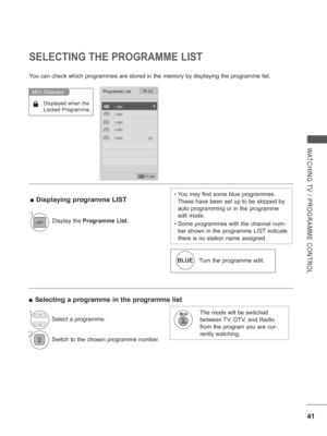 Page 89
41
WATCHING TV / PROGRAMME CONTROL
SELECTING THE PROGRAMME LIST
You can check which programmes are stored in the memory by displaying the\
 programme list.
Displayed when the 
Locked Programme.
Mini Glossary
 
■ Displaying programme LIST
 
■ Selecting a programme in the programme list
•  You may find some blue programmes. 
These have been set up to be skipped by 
auto programming or in the programme 
edit mode.
•  Some programmes with the channel num-
ber shown in the programme LIST indicate 
there is...