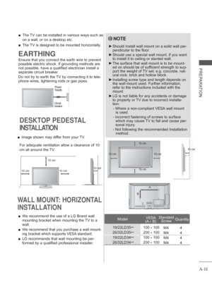 Page 15
A-11
PREPARATION
 
■ The TV can be installed in various ways such as 
on a wall, or on a desktop etc.
 
■ The TV is designed to be mounted horizontally.
Power 
Supply
Circuit 
breaker
EARTHING
Ensure that you connect the earth wire to prevent 
possible electric shock. If grounding methods are 
not possible, have a qualified electrician install a 
separate circuit breaker. 
Do not try to earth the TV by connecting it to tele-
phone wires, lightening rods or gas pipes.
WALL MOUNT: HORIZONTAL...