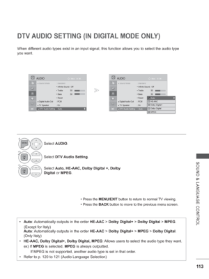 Page 161
11 3
SOUND & LANGUAGE CONTROL
DTV AUDIO SETTING (IN DIGITAL MODE ONLY)
When different audio types exist in an input signal, this function allows you to\
 select the audio type 
you want. 
• Press the MENU/EXIT  button to return to normal TV viewing.
• Press the BACK button to move to the previous menu screen.
•  Auto : Automatically outputs in the order  HE-AAC > Dolby Digital+  > Dolby Digital  > MPEG . 
    (Except for Italy)
   Auto : Automatically outputs in the order  HE-AAC > Dolby Digital+  >...