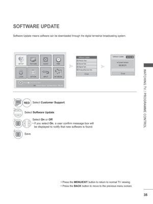 Page 83
35
WATCHING TV / PROGRAMME CONTROL
Software Update
Close
● Current Version
00.00.01
◄   On   ►
SOFTWARE UPDATE
Software Update means software can be downloaded through the digital ter\
restrial broadcasting system.
Press OK(     ) to set programme settings.
Software Update
Picture Test
Sound Test
Signal Test
Product/Service Info.Software Update
Close
1Select  Customer Support .
2Select Software Update .
3Select On or Off .
•   If you select  On, a user confirm message box will 
be displayed to notify...