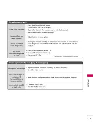 Page 117APPENDIX
117
T Th
he
er
re
e 
 i
is
s 
 a
a 
 p
pr
ro
ob
bl
le
em
m 
 i
in
n 
 P
PC
C 
 m
mo
od
de
e.
. 
 (
(O
On
nl
ly
y 
 P
PC
C 
 m
mo
od
de
e 
 a
ap
pp
pl
li
ie
ed
d)
)
Adjust resolution, horizontal frequency, or vertical frequency.
Check the input source.
Work the Auto configure or adjust clock, phase, or H/V position. (Option)
Check the signal cable.
Reinstall the PC video card. The signal is out of range
Screen color is unstable
or single color
Vertical bar or stripe on 
background &...