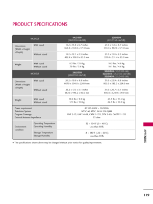 Page 119APPENDIX
119
PRODUCT SPECIFICATIONS
The specifications shown above may be changed without prior notice for quality improvement.
MODELS
AC100-240V ~ 50/60Hz
NTSC-M, ATSC, 64 & 256 QAM
VHF 2-13, UHF 14-69, CATV 1-135, DTV 2-69, CADTV 1-135
75 ohm
32  ~ 104°F (0 ~40°C)
Less than 80%
-4 ~ 140°F (-20 ~60°C)
Less than 85% Dimensions
(Width x Height 
x Depth)
Weight
Power requirement
Television System
Program Coverage
External Antenna Impedance
Environment 
conditionWith stand
Without stand
With stand
Without...