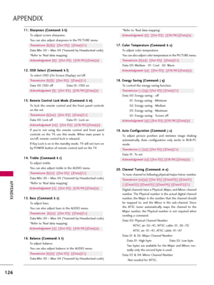 Page 126APPENDIX
126
APPENDIX
1 11
1.
. 
 S
Sh
ha
ar
rp
pn
ne
es
ss
s 
 (
(C
Co
om
mm
ma
an
nd
d:
: 
 k
k 
 k
k)
)
To adjust screen sharpness.
You can also adjust sharpness in the PICTURE menu.
Transmission[k][k][  ][Set ID][  ][Data][Cr]
Data Min: 00 ~Max: 64 (*transmit by Hexadecimal code)
*Refer to ‘Real data mapping’.
Acknowledgement[k][  ][Set ID][  ][OK/NG][Data][x]
1
12
2.
. 
 O
OS
SD
D 
 S
Se
el
le
ec
ct
t 
 (
(C
Co
om
mm
ma
an
nd
d:
: 
 k
k 
 l
l)
)
To select OSD (On Screen Display) on/off....