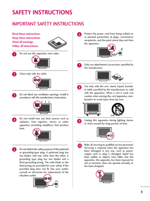 Page 33
IMPORTANT SAFETY INSTRUCTIONS
SAFETY INSTRUCTIONS
Read these instructions.
Keep these instructions.
Heed all warnings.
Follow all instructions.
Do not use this apparatus near water.
Clean only with dry cloth.
Do  not  block  any  ventilation  openings.  Install  in
accordance with the manufacturer’s instructions.
Do  not  install  near  any  heat  sources  such  as
radiators,  heat  registers,  stoves,  or  other
apparatus  (including  amplifiers)  that  produce
heat.
Do not defeat the safety purpose...