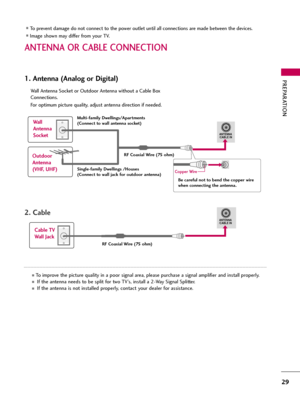 Page 29PREPARATION
29
ANTENNA OR CABLE CONNECTION
1. Antenna (Analog or Digital)
Wall Antenna Socket or Outdoor Antenna without a Cable Box
Connections.
For optimum picture quality, adjust antenna direction if needed.
2. Cable
Wa l l
Antenna
Socket
Outdoor
Antenna
(VHF, UHF)
Cable TV
Wall JackMulti-family Dwellings/Apartments
(Connect to wall antenna socket)
RF Coaxial Wire (75 ohm)
RF Coaxial Wire (75 ohm) Single-family Dwellings /Houses
(Connect to wall jack for outdoor antenna)
Be careful not to bend the...