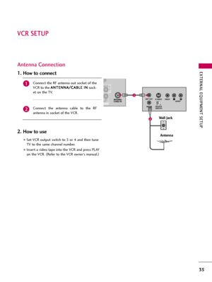 Page 35EXTERNAL EQUIPMENT SETUP
35
VCR SETUP
Antenna Connection
Connect the RF antenna out socket of the
VCR to the A AN
NT
TE
EN
NN
NA
A/
/C
CA
AB
BL
LE
E 
 I
IN
N
sock-
et on the TV.
Connect  the  antenna  cable  to  the  RF
antenna in socket of the VCR.
1. How to connect
Set VCR output switch to 3 or 4 and then tune
TV to the same channel number.
Insert a video tape into the VCR and press PLAY
on the VCR. (
Refer to the VCR owner’s manual.)
2. How to use
2
1
RIO
UDIORAV IN 1
ANTENNA
/CABLE INLRS-VIDEO...