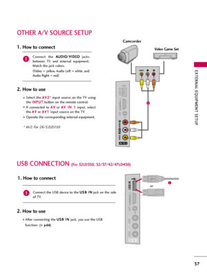 Page 37EXTERNAL EQUIPMENT SETUP
37
OTHER A/V SOURCE SETUP
VIDEO
AUDIO
L(MONO)
R
USB IN
AV IN 2
IN 2
H/P
LRVIDEO
Camcorder
Video Game Set
Connect  the A AU
UD
DI
IO
O
/V VI
ID
DE
EO
O
jacks
between  TV  and  external  equipment.
Match the jack colors
.
(
Video = yellow, Audio Left = white, and
Audio Right = red)
1. How to connect
2. How to use
Select the A AV
V2
2
* input source on the TV using
the I IN
NP
PU
UT
T
button on the remote control.
If  connected  to A AV
V
or A AV
V 
 I
IN
N 
 1
1
input,  select...