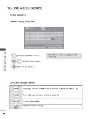 Page 114
66
TO USE A USB DEVICE
TO USE A USB DEVICE
GREENRepeatedly, press the GREEN button to converted to  Music List->Movie List .
YELLOWA method to view in 5 large thumbnail or simple list.
BLUEConvert to Mark Mode .
Return to normal TV viewing.
Using the remote controlPhoto Selection
 
■ When playing photo files
1Select the target folder or drive.
2Select the desired photos.
3Photo files are displayed.
• Use the  P        button to navigation in the 
photo page.
Page 1/1Photo List
Drive1Page 1/1...