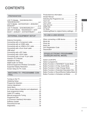 Page 3
I
CONTENTS
CONTENTS
 PREPARATION
LCD TV Models : 19/22/26/32LD35**, 
19/22/26/32LD34 ** .......................................... A-1
LCD TV Models : 32/37/42/47LD4 ***, 26/32LD32
** 
26/32LD33 ** ........................................................... A-14
LCD TV Models : 32/42/46/52/60LD5 *** ...... A-24
LED LCD TV Models : 19/22/26/32LE3 ***, 32/37/
42LE4 ***, 22/26LE5
***, 32/37/42/47/55LE5
*** ...... A-33
EXTERNAL EQUIPMENT SETUP
Antenna Connection...