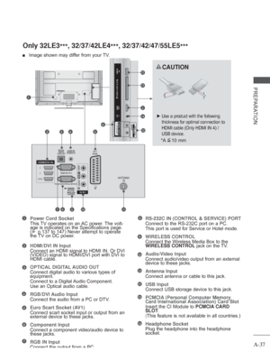Page 41
A-37
PREPARATION
Only 32LE3***, 32/37/42LE4
***, 32/37/42/47/55LE5
***
 
■  Image shown may differ from your TV.
2345
7811910
1
Power Cord Socket
This TV operates on an AC power. The volt-
age is indicated on the Specifications page. 
(
► p.137 to 147) Never attempt to operate 
the TV on DC power.
HDMI/DVI IN Input
Connect an HDMI signal to HDMI IN. Or DVI 
(VIDEO) signal to HDMI/DVI port with DVI to 
HDMI cable.
OPTICAL DIGITAL AUDIO OUT 
Connect digital audio to various types of 
equipment. 
Connect...