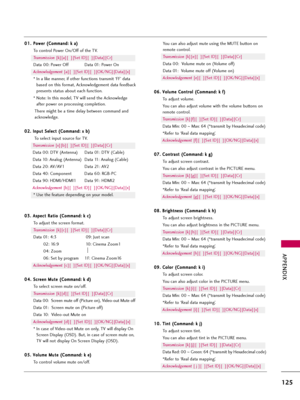 Page 125APPENDIX
125
0 01
1.
.P
Po
ow
we
er
r 
 (
(C
Co
om
mm
ma
an
nd
d:
: 
 k
k 
 a
a)
)
To control Power On/Off of the TV.
Transmission [k][a][  ][Set ID][  ][Data][Cr]
Data 00: Power Off Data 01: Power On
Acknowledgement [a][  ][Set ID][  ][OK/NG][Data][x]
* In a like manner, if other functions transmit ‘FF’ data
based on this format, Acknowledgement data feedback
presents status about each function.
* Note: In this model, TV will send the Acknowledge
after power on processing completion.
There might be a...