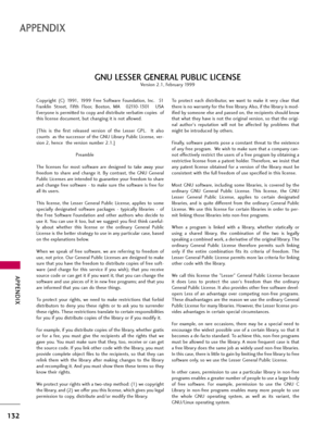 Page 132APPENDIX
132
APPENDIX
Copyright  (C)  1991,  1999  Free  Software  Foundation,  Inc.    51
Franklin  Street,  Fifth  Floor,  Boston,  MA    02110-1301    USA
Everyone is permitted to copy and distribute verbatim copies  of
this license document, but changing it is not allowed.
[This  is  the  first  released  version  of  the  Lesser  GPL.    It  also
counts  as the successor of the GNU Library Public License, ver-
sion 2, hence  the version number 2.1.]
Preamble
The  licenses  for  most  software  are...