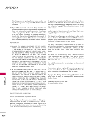 Page 136APPENDIX
136
APPENDIX
If  the  library  does  not  specify  a  license  version  number,  you
may  choose  any  version  ever  published  by  the  Free  Software
Foundation.
14. If you wish to incorporate parts  of  the  library into other  free
programs whose distribution conditions are incompatible with
these, write to the author to ask for permission.  For software
which  is  copyrighted  by  the  Free  Software  Foundation,  write
to  the  Free  Software  Foundation;  we  sometimes  make  excep-...