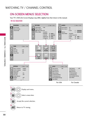 Page 50WATCHING TV / CHANNEL CONTROL
50
ON-SCREEN MENUS SELECTION
WATCHING TV / CHANNEL CONTROL
Your TV's OSD (On Screen Display) may differ slightly from that shown in this manual.
Display each menu.
Select a menu item.
Accept the current selection.
1
MENU
3 2
ENTER
ENTER
Return to TV viewing.
4
MENU
EnterMove
Auto Tuning
Manual Tuning
Channel Edit
CHANNEL
CHANNEL
TIME
PICTURE
OPTION
AUDIO
LOCK
EnterMove
Auto Volume : On
Clear Voice II : On
• Level 3
Balance 0
Sound Mode : Standard
• 
Infinite Sound :Off
•...