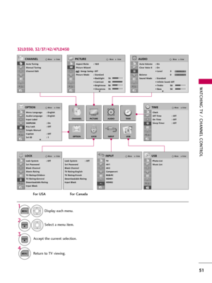 Page 51WATCHING TV / CHANNEL CONTROL
51
Display each menu.
Select a menu item.
Accept the current selection.
1
MENU
3 2
ENTER
ENTER
Return to TV viewing.
4
MENU
EnterMove
Auto Tuning
Manual Tuning
Channel Edit
CHANNEL
CHANNEL
OPTION
PICTURE
LOCK
AUDIO
INPUT
TIME
USB
EnterMove
Aspect Ratio : 16:9
Picture Wizard
Energy Saving: Off
Picture Mode : Standard
• Backlight 70 
• Contrast 90
• Brightness 50
• Sharpness 70
PICTURE
E
EnterMove
Auto Volume : On
Clear Voice II : On
• Level 3
Balance 0
Sound Mode : Standard
•...