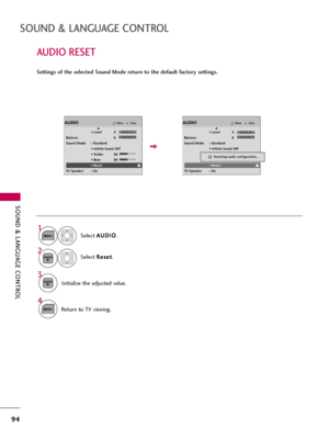 Page 94SOUND & LANGUAGE CONTROL
94
AUDIO RESET
SOUND & LANGUAGE CONTROL
Settings of the selected Sound Mode return to the default factory settings.
Select A AU
UD
DI
IO
O
.
Select R Re
es
se
et
t
.
1
MENU
2ENTER
Initialize the adjusted value.
3
ENTER
4
MENUReturn to TV viewing.
EnterMoveAUDIO
• Level 3
Balance 0
Sound Mode : Standard
• 
Infinite Sound :Off
• Treble 50
• Bass 50
• Reset
TV Speaker : On
LR
EEnterMoveAUDIO
• Level 3
Balance 0
Sound Mode : Standard
• 
Infinite Sound :Off
• Treble 50
• Bass 50
•...