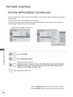 Page 146
98
PICTURE CONTROL
PICTURE CONTROL
OK
Move PICTURE
 ShShSh•Sh•Sh•Sh•ShSh Sharpnarpnarpnarpnarpnarpnarpnppessessessessessessess 07070707070707070 • Colour 60
 • Tint 0
 • Colour Temp.
 • Advanced Control
  • Picture Reset
• TruMotion
• Screen
RGW C
 • Advanced Control
PICTURE IMPROVEMENT TECHNOLOGY
You can calibrate the screen for each Picture Mode or set the video value\
 according to the special 
video screen.
You can set the video value differently for each input.
To reset to the factory default...