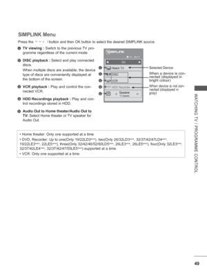 Page 97
49
WATCHING TV / PROGRAMME CONTROL
SIMPLINK Menu 
Press the               button and then OK button to select the desired SIMPLINK source.
TV viewing :  Switch to the previous TV pro-
gramme regardless of the current mode.
DISC playback :  Select and play connected 
discs.
When multiple discs are available, the device 
type of discs are conveniently displayed at 
the bottom of the screen.
VCR playback :  Play and control the con-
nected VCR.
  HDD Recordings playback :  Play and con-
trol recordings...