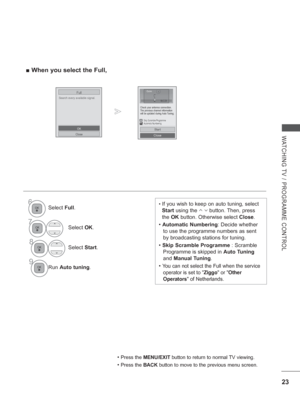 Page 71
23
WATCHING TV / PROGRAMME CONTROL
 
■ When you select the Full,
Search every available signal.
Full
OK
Close
•  
If you wish to keep on auto tuning, select 
Start  using the 
       button. Then, press 
the  OK button. Otherwise select  Close. 
•  Automatic Numbering : Decide whether 
to use the programme numbers as sent 
by broadcasting stations for tuning.
•  Skip Scramble Programme  : Scramble 
Programme is skipped in  Auto Tuning 
and  Manual Tuning .
• 
You can not select the Full when the service...