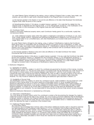 Page 285221
APPENDIX
(b) under Patents Claims infringed by the making, using or selling of \
Original Code, to make, have made, use, 
practice, sell, and offer for sale, and/or otherwise dispose of the Original Code (or portion\
s thereof).
(c) the licenses granted in this Section 2.1(a) and (b) are effective on the date Initial Developer first distributes
Original Code under the terms of this License.
(d) Notwithstanding Section 2.1(b) above, no patent license is grant\
ed: 1) for code that You delete from the...