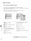 Page 234170
TIME SETTING
TIME SETTING
AUTO ON/OFF TIME SETTING
The Off time function automatically switches the TV to standby at a preset time.
Two hours after the TV is switched on by the on time function it will automatically switch b\
ack to stand-
by mode unless a button has been pressed.
The Off time function overrides the On time function if both are set to the sa\
me time.
The TV must be in standby mode for the On time to work.
• Press the MENU/EXIT button to return to normal TV viewing.
• Press the BACK...