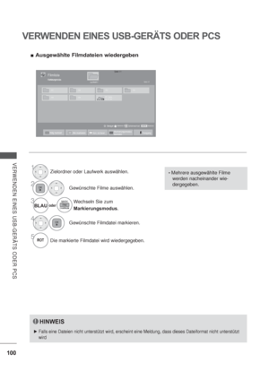 Page 142100
VERWENDEN EINES USB-GERÄTS ODER PCS
VERWENDEN EINES USB-GERÄTS ODER PCS
HINWEIS
Falls eine Dateien nicht unterstützt wird, erscheint eine Meldung, dass dieses Dateiformat nicht unterstützt 
wird
Ausgewählte Filmdateien wiedergeben
1Zielordner oder Laufwerk auswählen.
2Gewünschte Filme auswählen.
3oderBLAU   Wechseln Sie zum  
Markierungsmodus.
4Gewünschte Filmdatei markieren.
5Die markierte Filmdatei wird wiedergegeben.
Mehrere ausgewählte Filme 
werden nacheinander wie-
dergegeben.
Seite...