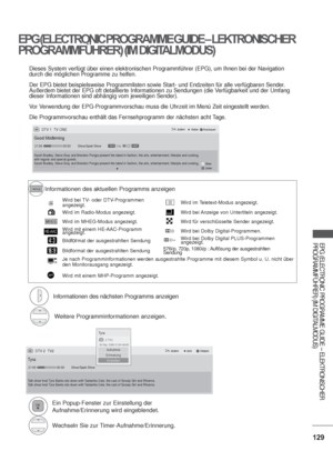 Page 171129
EPG (ELECTRONIC PROGRAMME GUIDE – ELEKTRONISCHER  
PROGRAMMFÜHRER) (IM DIGITALMODUS)
EPG (ELECTRONIC PROGRAMME GUIDE –  LEKTRONISCHER  
PROGRAMMFÜHRER) (IM DIGITALMODUS)
Dieses System verfügt über einen elektronischen Programmführer (EPG), um Ihnen bei der Navigation 
durch die möglichen Programme zu helfen.
Der EPG bietet beispielsweise Programmlisten sowie Start- und Endzeiten für alle verfügbaren Sender. 
Außerdem bietet der EPG oft detaillierte Informationen zu Sendungen (die Verfügbarkeit und...