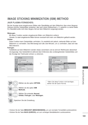 Page 193151
BILDSTEUERUNG
IMAGE STICKING MINIMIZATION (ISM) METHOD
Bei der Anzeige eines eingefrorenen Bildes oder Standbildes auf dem Bildschirm über einen längeren 
Zeitraum können Geisterbilder entstehen, das nach einem Bildwechsel u. U. weiterhin zu sehen bleibt. 
Ein Standbild sollte nicht über längere Zeit auf dem Bildschirm angezeigt werden.
Weiss-gen.
  Mit dieser Funktion werden eingebrannte Bilder vom Bildschirm entfernt.
    Hinweis: Zu stark eingebrannte Bilder können eventuell nicht mehr vom...