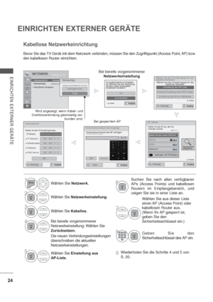 Page 6624
EINRICHTEN EXTERNER GERÄTE
EINRICHTEN EXTERNER GERÄTEWählen Sie den Einstellungstyp für das 
kabellose Netzwerk.
Wählen Sie den Einstellungstyp für das 
kabellose Netzwerk.
Einstellung aus AP-Liste
Einfache Einstellung (über WPS-Taste)
Einstellung des Ad-hoc-Netzwerks
 Weiter
Es existiert bereits ein Einstellw-
ert. Möchten Sie eine Verbindung 
mit dem zuletzt verwendeten 
Einstellwert herstellen?
OK
Zurücksetzen
 Weiter
NETZWERKOK Bewegen
 : Kabelgebunden :Verbindung mit Internet hergestellt.
 :...