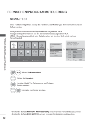 Page 9452
FERNSEHEN/PROGRAMMSTEUERUNG
FERNSEHEN/PROGRAMMSTEUERUNG
Ausgang
Kundendienst
Einfaches Handbuch
EINST BILDSPERREN
OPTION
ZEIT
MEINE MEDIEN
AUDIO
SPIELNETZWERKBLUETOOTH
Für Programmeinstellungen OK(      ) drücken.
SIGNALTEST
Diese Funktion ermöglicht die Anzeige des Herstellers, des Modells/Typs, der Seriennummer und der
Softwareversion.
Anzeige der Informationen und der Signalstärke des ausgewählten *MUX.
Anzeige der Signalinformationen und des Servicenamens des ausgewählten MUX.
(*MUX: Höheres...