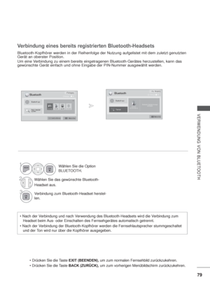 Page 12179
VERWENDUNG VON BLUETOOTH
Bluetooth-Kopfhörer werden in der Reihenfolge der Nutzung aufgelistet mit dem zuletzt genutzten 
Gerät an oberster Position.
Um eine Verbindung zu einem bereits eingetragenen Bluetooth-Gerätes herzustellen, kann das 
gewünschte Gerät einfach und ohne Eingabe der PIN-Nummer ausgewählt werden.
Verbindung eines bereits registrierten Bluetooth-Headsets

Headset beim Aus- oder Einschalten des Fernsehgerätes automatisch getrennt.

und der Ton wird nur über die Kopfhörer ausgegeben....