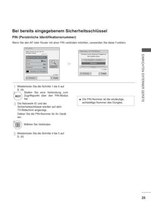 Page 6725
EINRICHTEN EXTERNER GERÄTEVerbinden mit PIN-Modus
PIN-Nummer auf der Website des AP eingeben und 
Taste Verbinden drücken.
PIN NUBMER : 12345670
Verbinden
Weitere Informationen entnehmen Sie bitte dem AP-
Handbuch.
 Weiter
AP wählen.
 Weiter
Wählen Sie den AP aus, den Sie 
verbinden möchtenSeite 01/01
Geben Sie den neuen SSID ein.
iptime
ASW
Network1
   Verbinden mit PIN-Modus
Zugangspunkt 
wird gesucht...
Ausgang Vorherig
Ausgang Vorherig
Wenn Sie den AP oder Router mit einer PIN verbinden möchten,...