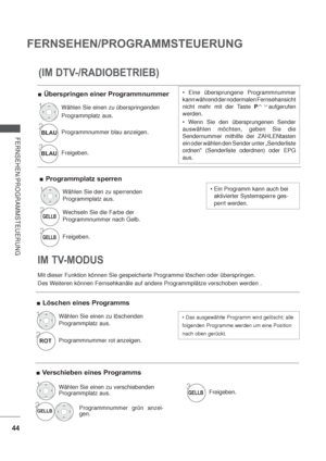 Page 8644
FERNSEHEN/PROGRAMMSTEUERUNG
FERNSEHEN/PROGRAMMSTEUERUNG
Mit dieser Funktion können Sie gespeicherte Programme löschen oder überspringen.
Des Weiteren können Fernsehkanäle auf andere Programmplätze verschoben werden .
Überspringen einer Programmnummer
IM TV-MODUS
Löschen eines Programms
Verschieben eines Programms
(IM DTV-/RADIOBETRIEB)

kann während der nodermalen Fernsehansicht 
nicht mehr mit der Taste P
aufgerufen
werden.

auswählen möchten, geben Sie die 
Sendernummer mithilfe der ZAHLENtasten...