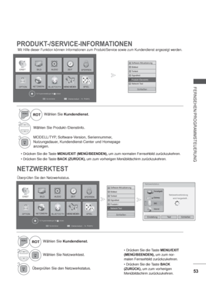 Page 9553
FERNSEHEN/PROGRAMMSTEUERUNG
Ausgang
Kundendienst
Einfaches Handbuch
EINST BILDSPERREN
OPTION
ZEIT
MEINE MEDIEN
AUDIO
SPIELNETZWERKBLUETOOTH
Für Programmeinstellungen OK(      ) drücken.
PRODUKT-/SERVICE-INFORMATIONEN
Mit Hilfe dieser Funktion können Informationen zum Produkt/Service sowie zum Kundendienst angezeigt werden.
1Wählen Sie Kundendienst.
2Wählen Sie Produkt-/Dienstinfo.
3MODELL/TYP, Software-Version, Seriennummer, 
Nutzungsdauer, Kundendienst-Center und Homepage 
anzeigen. ROT
MENU/EXIT...