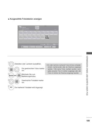 Page 151109
VERWENDEN EINES USB-GERÄTS ODER PCS
Ausgewählte Fotodateien anzeigen
1Zielordner oder Laufwerk auswählen.
2Die gewünschten Fotos markie-
ren.
3oderBLAUWechseln Sie zum 
Markierungsmodus.
4Gewünschte Fotodatei markie-
ren.
5Die markierte Fotodatei wird angezeigt.ROT
Seite 1/1Fotoliste
Laufwerk1Seite 1/1
Nummern ändernZur MusiklisteMarkierungsmodusAusgangMarkieren
MARKAnsicht Seitenwechsel BewegenP
Markierungsmodus

einzeln nacheinander oder als Diashow angezeigt 
werden. Falls keine Fotos markiert...