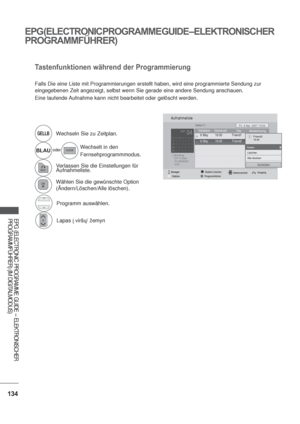 Page 176134
EPG (ELECTRONIC PROGRAMME GUIDE – ELEKTRONISCHER  
PROGRAMMFÜHRER)
EPG (ELECTRONIC PROGRAMME GUIDE – ELEKTRONISCHER  
PROGRAMMFÜHRER) (IM DIGITALMODUS)
Tastenfunktionen während der Programmierung
Falls Die eine Liste mit Programmierungen erstellt haben, wird eine programmierte Sendung zur 
eingegebenen Zeit angezeigt, selbst wenn Sie gerade eine andere Sendung anschauen.
Eine laufende Aufnahme kann nicht bearbeitet oder gelöscht werden.
GELLBWechseln Sie zu Zeitplan.
BLAUoderWechselt in den...