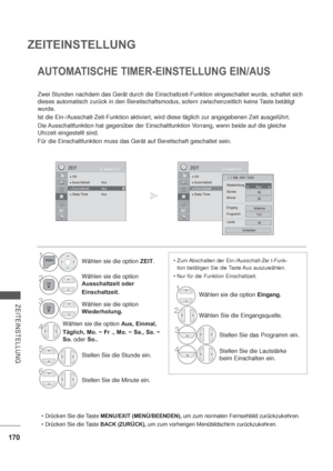 Page 212170
ZEITEINSTELLUNG
ZEITEINSTELLUNG
AUTOMATISCHE TIMER-EINSTELLUNG EIN/AUS
Zwei Stunden nachdem das Gerät durch die Einschaltzeit-Funktion eingeschaltet wurde, schaltet sich 
dieses automatisch zurück in den Bereitschaftsmodus, sofern zwischenzeitlich keine Taste betätigt 
wurde.
lst die Ein-/Ausschalt-Zeit-Funktion aktiviert, wird diese täglich zur angegebenen Zeit ausgeführt.
Die Ausschaltfunktion hat gegenüber der Einschaltfunktion Vorrang, wenn beide auf die gleiche 
Uhrzeit eingestellt sind.
Für die...