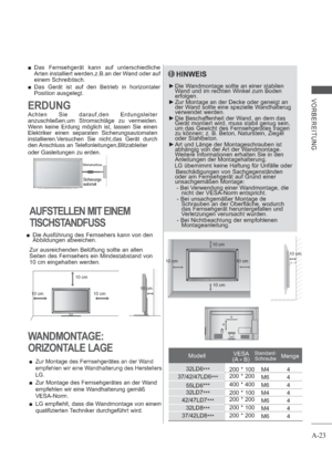 Page 27A-23
VORBEREITUNG
10 cm
10 cm 10 cm10 cm
10 cm
10 cm10 cm
10 cm10 cm
 Das Fernsehgerät kann auf unterschiedliche 
Arten installiert werden,z.B.an der Wand oder auf 
einem Schreibtisch.
 Das Gerät ist auf den Betrieb in horizontaler 
Position ausgelegt.
Stromanschluss
Sicherungs
automat
ERDUNG
Achten Sie darauf,den Erdungsleiter 
anzuschließen,um Stromschläge zu vermeiden.
Wenn keine Erdung möglich ist, lassen Sie einen 
Elektriker einen separaten Sicherungsautomaten 
installieren.Versuchen Sie...