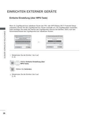 Page 6826
EINRICHTEN EXTERNER GERÄTE
EINRICHTEN EXTERNER GERÄTE
Einfache Einstellung (über WPS-Taste)
Drücken Sie die Taste PBC-Modus des AP und dann die 
Taste Verbinden.
Verbinden
Achtung: Prüfen Sie, ob Ihr AP über die Taste PBC-Modus 
verfügt.
 Weiter
Wählen Sie den Einstellungstyp für das 
kabellose Netzwerk.
Wählen Sie den Einstellungstyp für das 
kabellose Netzwerk.
Einstellung aus AP-Liste
Einfache Einstellung (über WPS-Taste)
Einstellung des Ad-hoc-Netzwerks
 Weiter
Ausgang VorherigAusgang Vorherig...