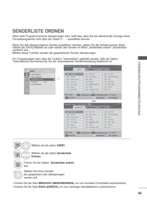 Page 8543
FERNSEHEN/PROGRAMMSTEUERUNG
SENDERLISTE ORDNEN
Wenn eine Programmnummer übersprungen wird, heißt das, dass Sie sie während der Anzeige eines
Fernsehprogramms nicht über die Tasten P       auswählen können.
Wenn Sie den übersprungenen Sender auswählen möchten, geben Sie die Sendernummer direkt 
mithilfe der ZAHLENtasten ein oder wählen den Sender im Menü „Senderliste ordnen (Senderliste 
oderdnen) aus.
Mithilfe dieser Funktion werden die gespeicherten Sender übersprungen.
Ein Programmplatz kann über...