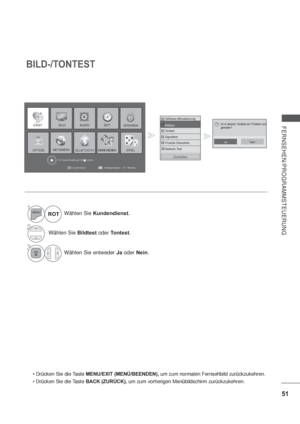 Page 9351
FERNSEHEN/PROGRAMMSTEUERUNG
Ausgang
Kundendienst
Einfaches Handbuch
EINST BILDSPERREN
OPTION
ZEIT
MEINE MEDIEN
AUDIO
SPIELNETZWERKBLUETOOTH
Für Programmeinstellungen OK(      ) drücken.
BILD-/TONTEST
1Wählen Sie Kundendienst.
2Wählen Sie Bildtest oder Tontest.
3Wählen Sie entweder Ja oder Nein. ROT
MENU/EXIT (MENÜ/BEENDEN), um zum normalen Fernsehbild zurückzukehren.
BACK (ZURÜCK), um zum vorherigen Menübildschirm zurückzukehren.
Software-Aktualisierung
Bildtest
Tontest
Signaltest
Produkt-/Dienstinfo...