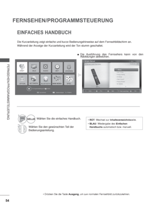 Page 9654
FERNSEHEN/PROGRAMMSTEUERUNG
FERNSEHEN/PROGRAMMSTEUERUNG
EINFACHES HANDBUCH
Die Kurzanleitung zeigt einfache und kurze Bedienungshinweise auf dem Fernsehbildschirm an.
Während der Anzeige der Kurzanleitung wird der Ton stumm geschaltet.
Ausgang, um zum normalen Fernsehbild zurückzukehren.
1Wählen Sie die einfaches Handbuch.
2Wählen Sie den gewünschten Teil der 
Bedienungsanleitung.
Die Ausführung des Fernsehers kann von den 
Abbildungen abweichen.
GELLB
Ausgang
Kundendienst
Einfaches Handbuch
EINST...